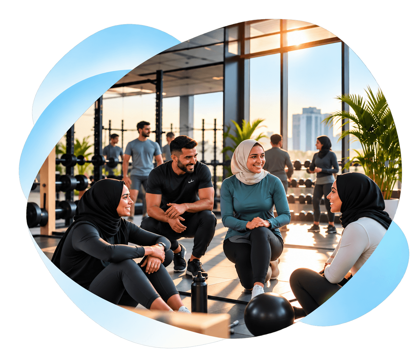 Diverse wellness group in a gym setting within a soft blue organic frame